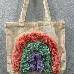 Cream Tote Bag with Fringe Rainbow